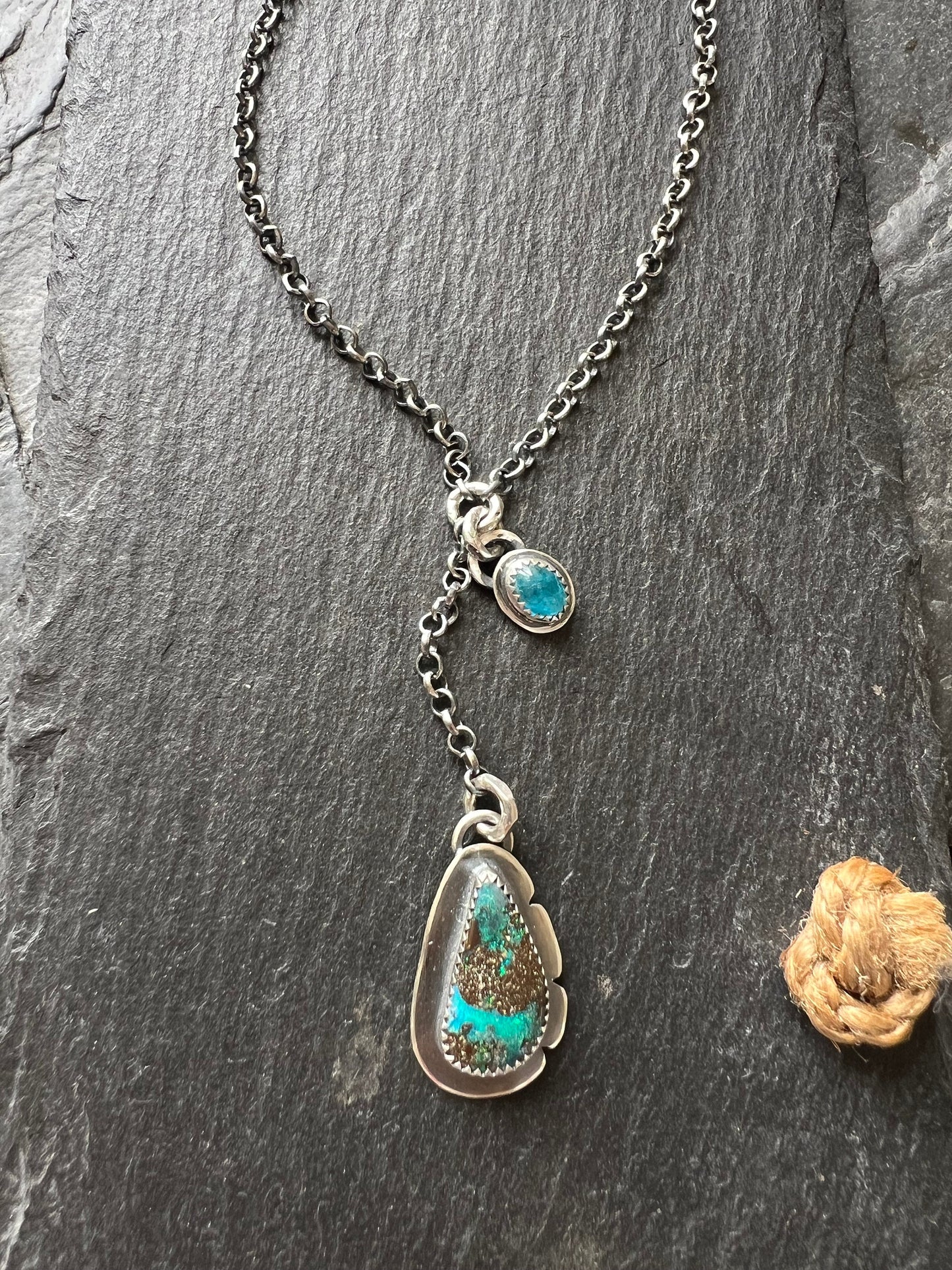 boulder opal and apatite lariat necklace, seascape blue colourful opal stone necklace