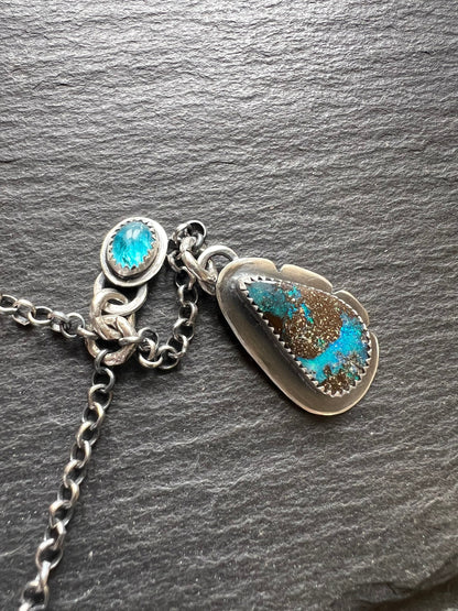 boulder opal and apatite lariat necklace, seascape blue colourful opal stone necklace