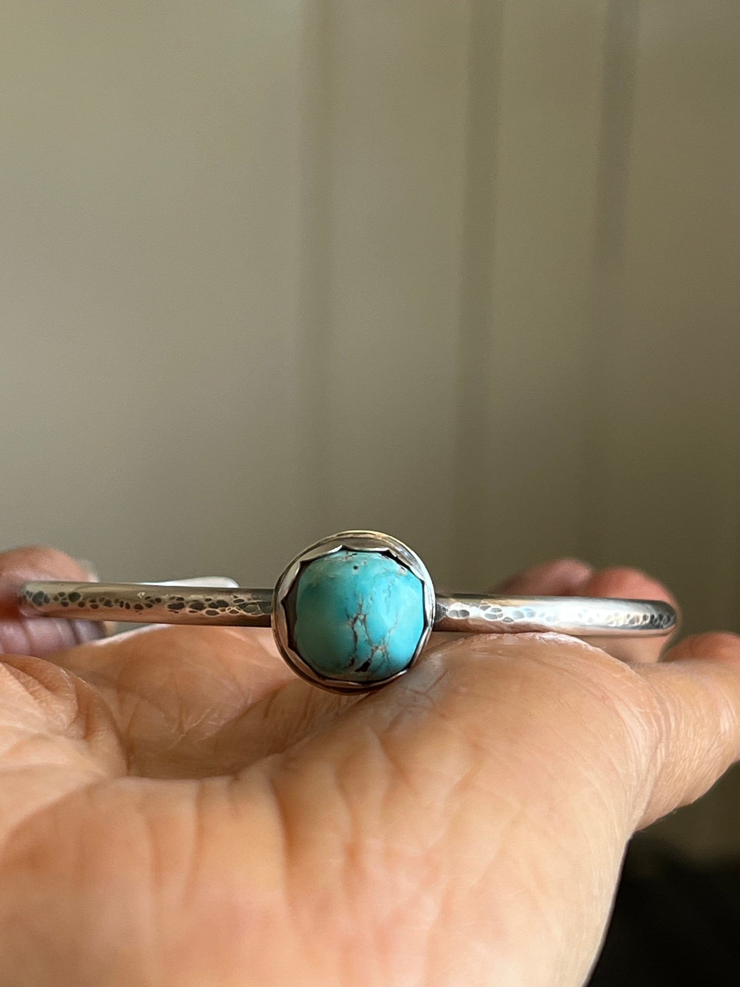 Turquoise and sterling cuff bangle bracelet, bezel set charm silver stacking bracelet, gift for her