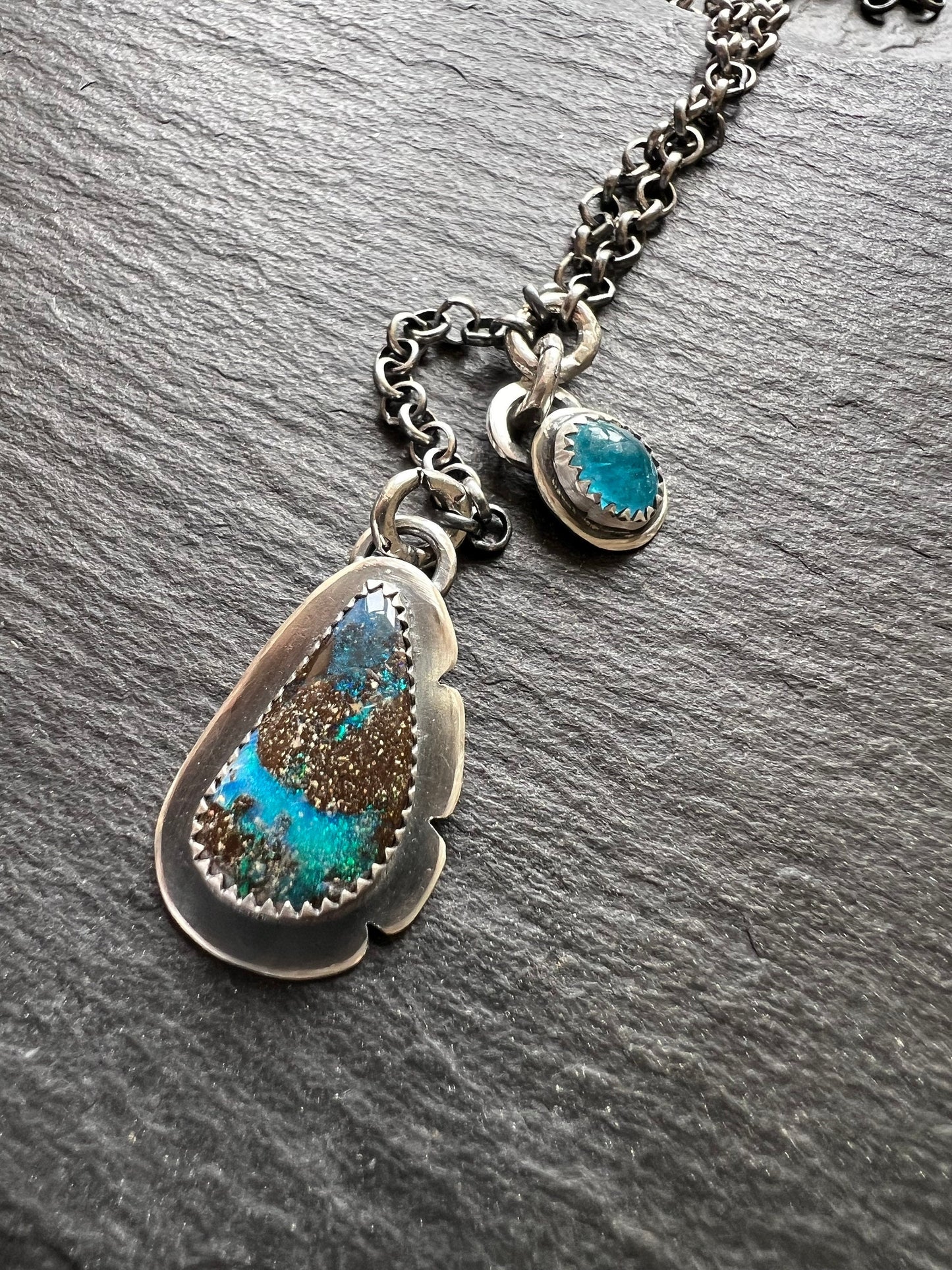 boulder opal and apatite lariat necklace, seascape blue colourful opal stone necklace