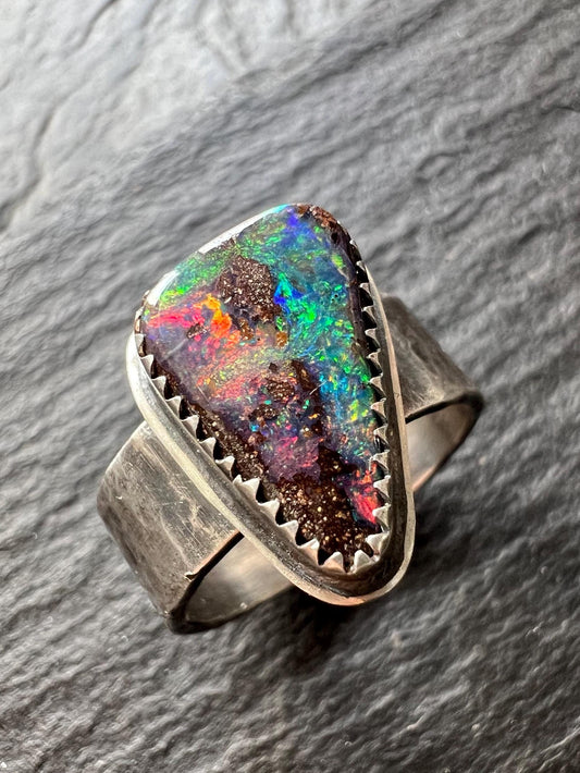 Boulder opal wide band ring in sterling, bezel set gemstone Jewellery, December gift for her