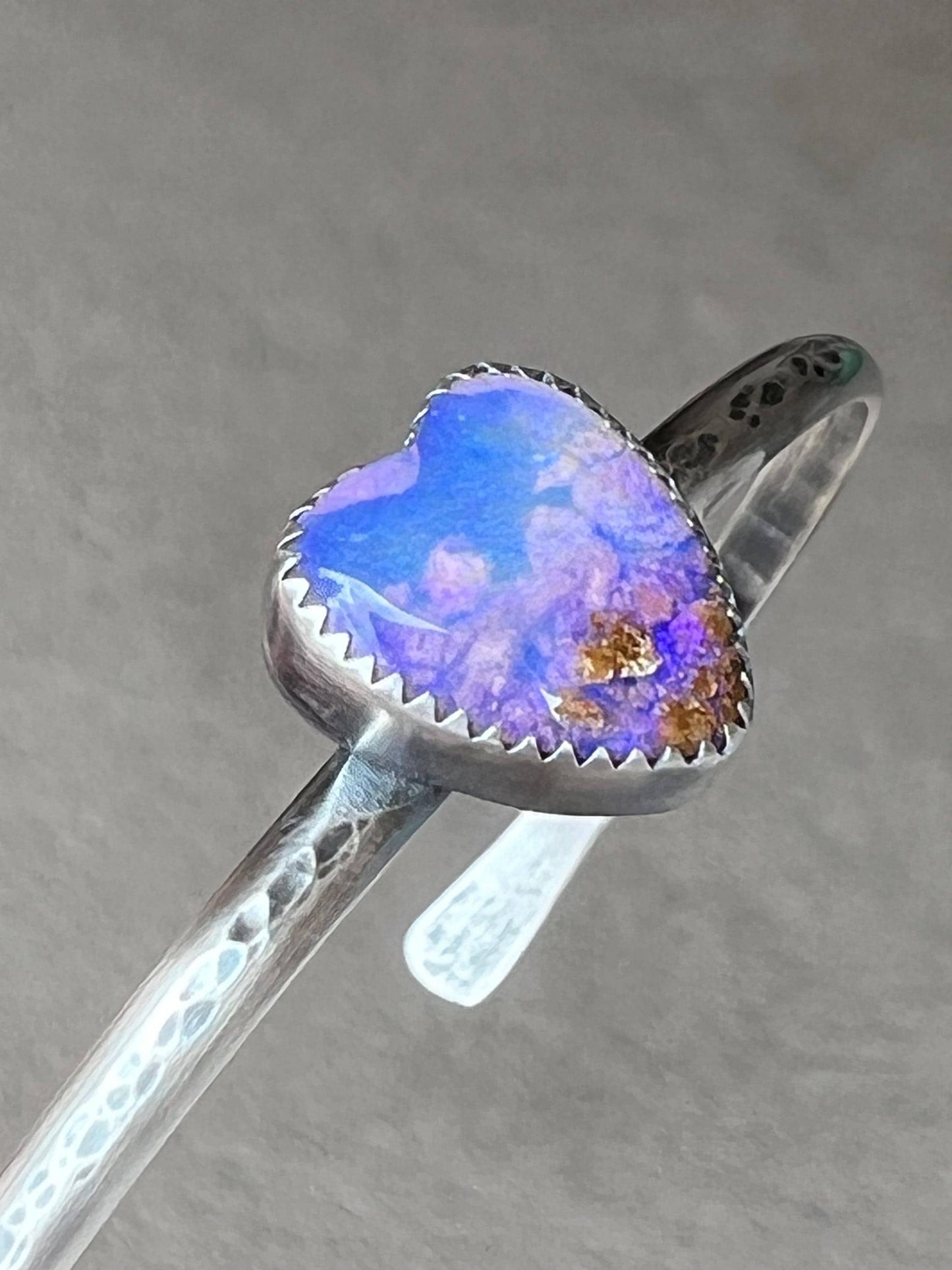 Small Heart bangle bracelet, boulder opal bezel set bracelet, sterling silver boho bracelet, gift for her