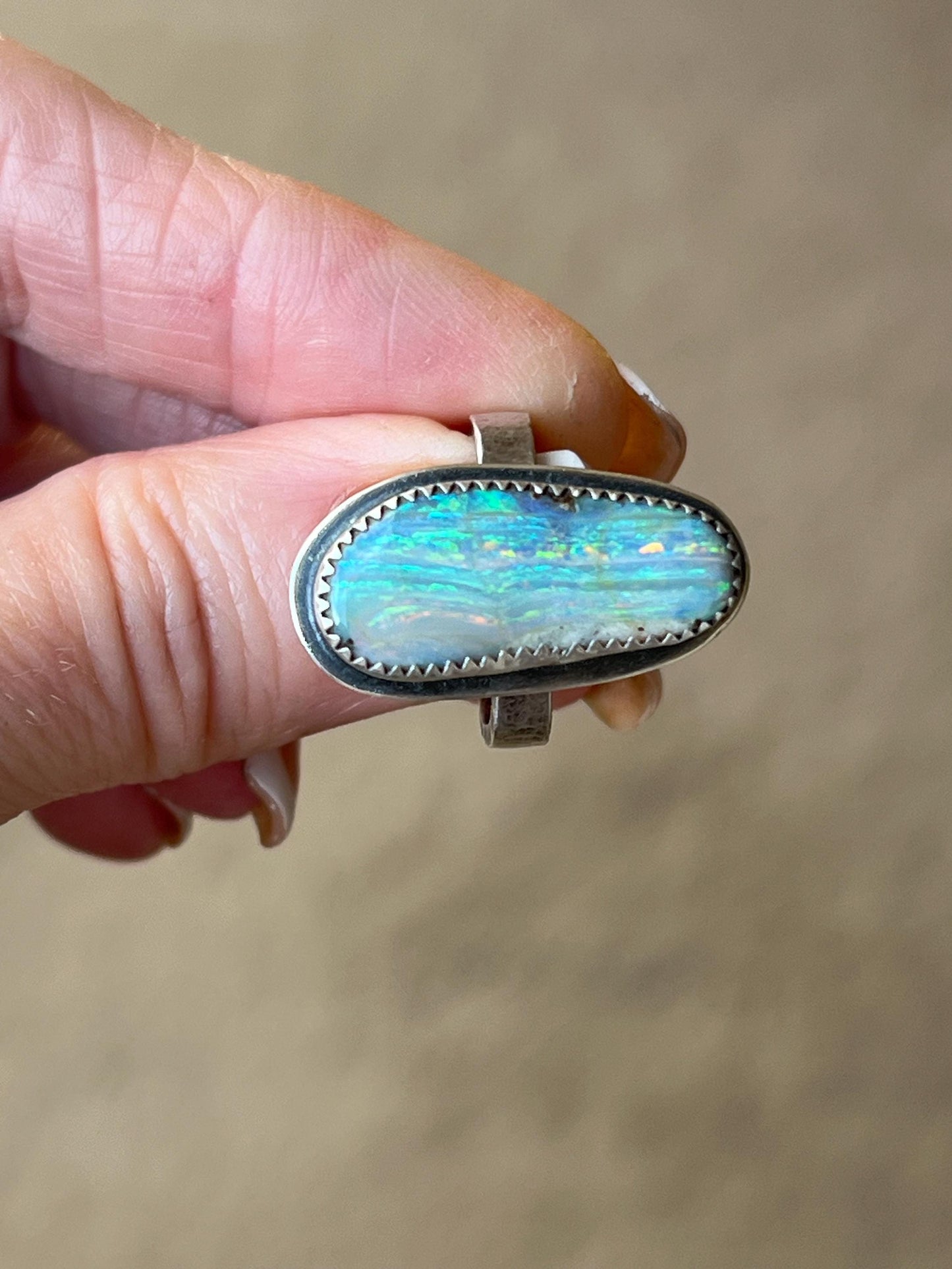 Large Boulder opal, ring size L, colourful gemstone bezel set 925 sterling silver Jewellery, gift for her