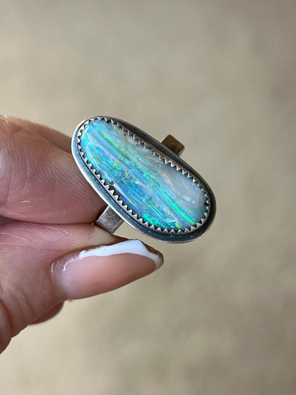 Large Boulder opal, ring size L, colourful gemstone bezel set 925 sterling silver Jewellery, gift for her