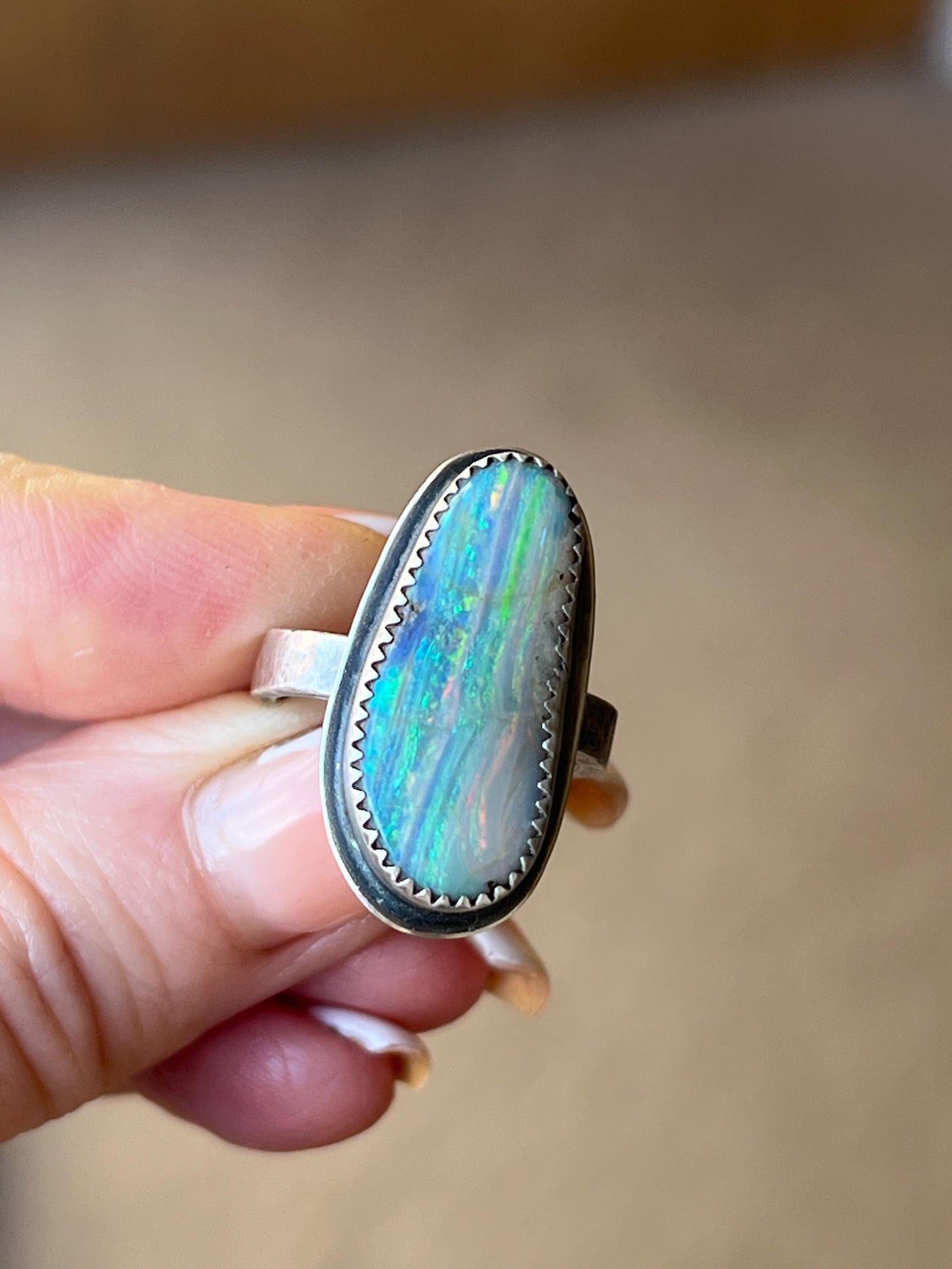 Large Boulder opal, ring size L, colourful gemstone bezel set 925 sterling silver Jewellery, gift for her