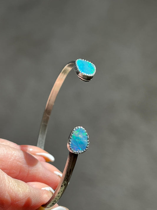 Opal open cuff bracelet, bezel set sterling silver bracelet with colourful opal doublet gemstones