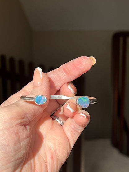 Opal open cuff bracelet, bezel set sterling silver bracelet with colourful opal doublet gemstones