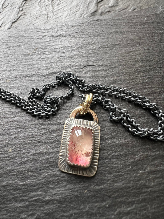 Watermelon tourmaline pendant necklace, bezel set pink gemstone jewellery, gift for her