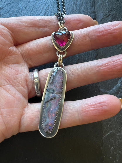 Australian boulder opal and tourmaline necklace, pink colourful opal stone jewellery with sterling silver