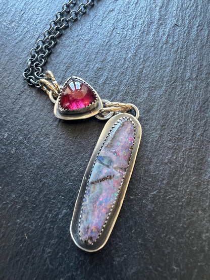 Australian boulder opal and tourmaline necklace, pink colourful opal stone jewellery with sterling silver