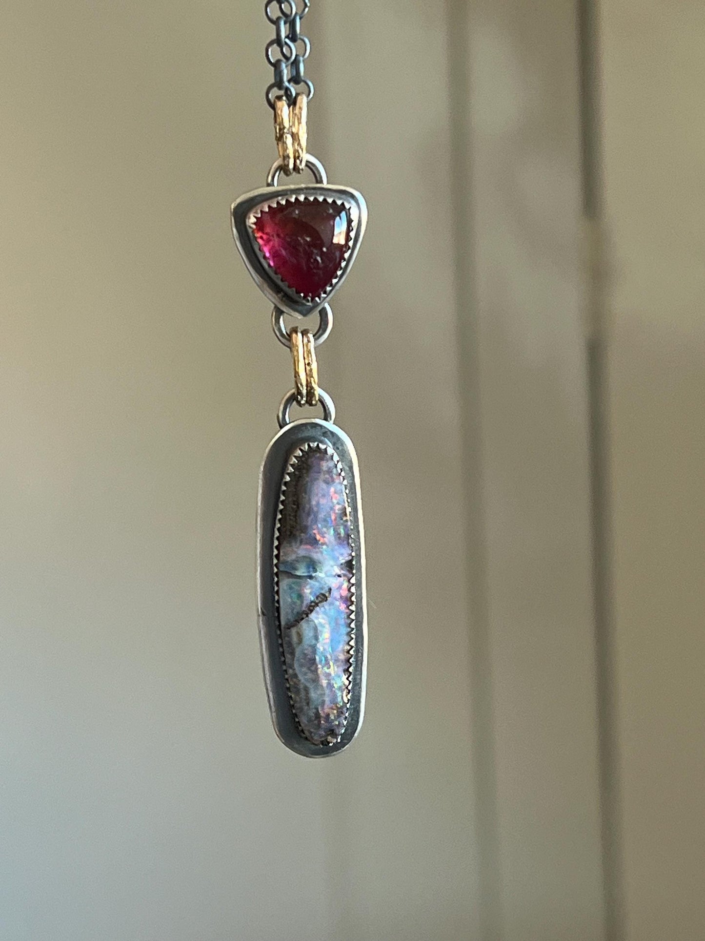 Australian boulder opal and tourmaline necklace, pink colourful opal stone jewellery with sterling silver