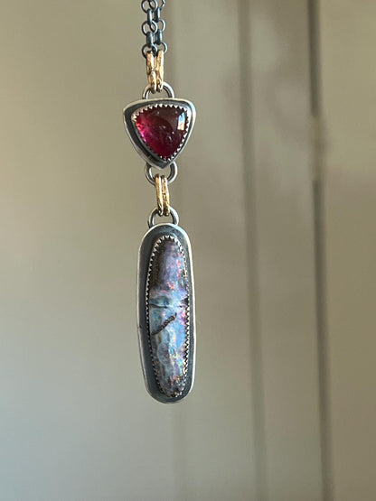 Australian boulder opal and tourmaline necklace, pink colourful opal stone jewellery with sterling silver