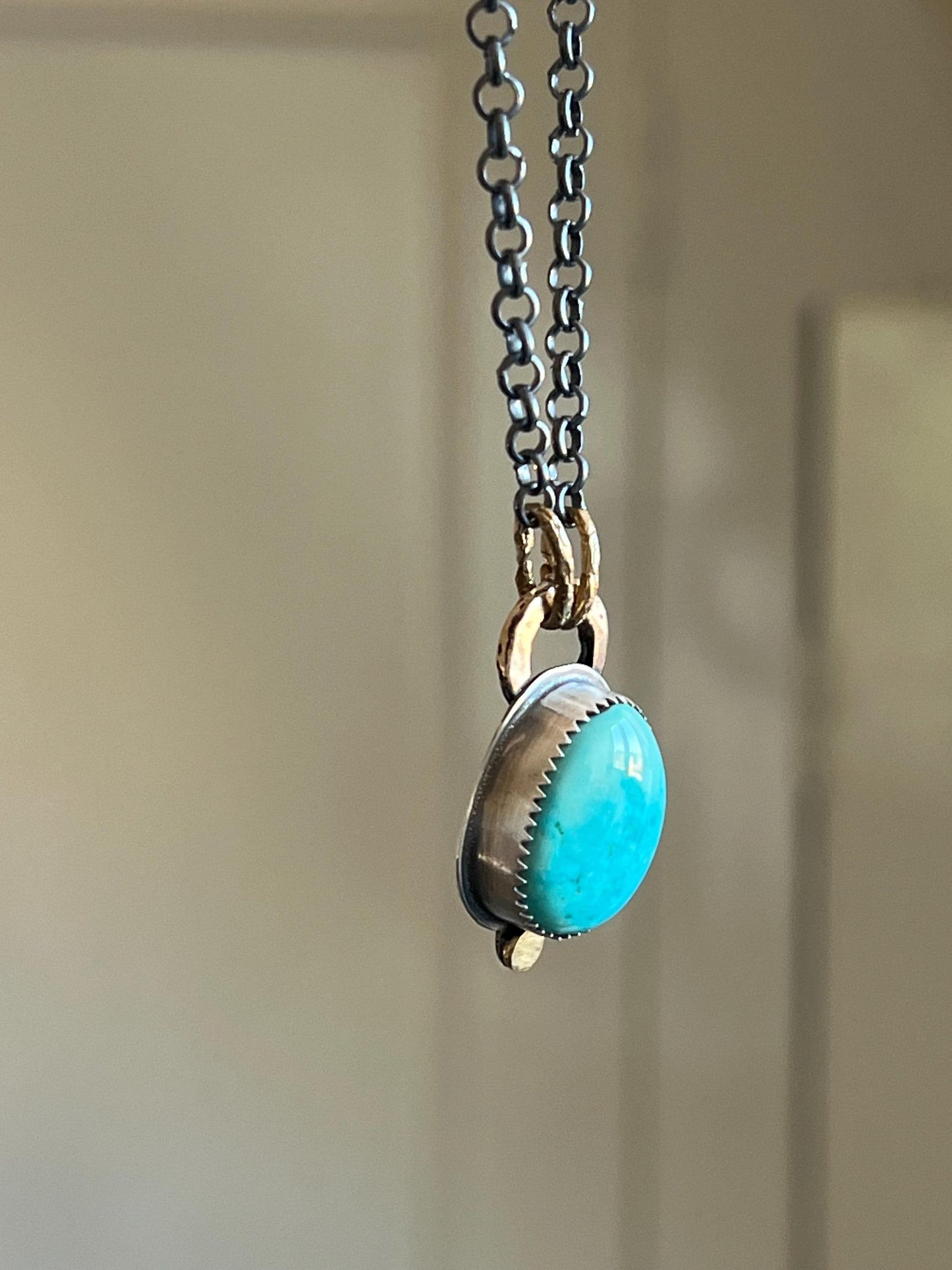 Mixed metal Turquoise necklace bezel set with sterling silver and gold, duck egg blue stone and oxidised jewellery