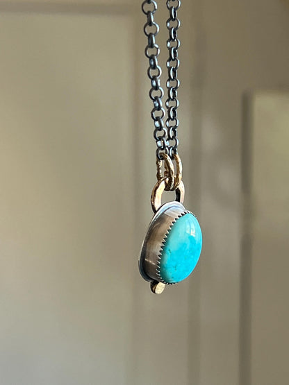 Mixed metal Turquoise necklace bezel set with sterling silver and gold, duck egg blue stone and oxidised jewellery