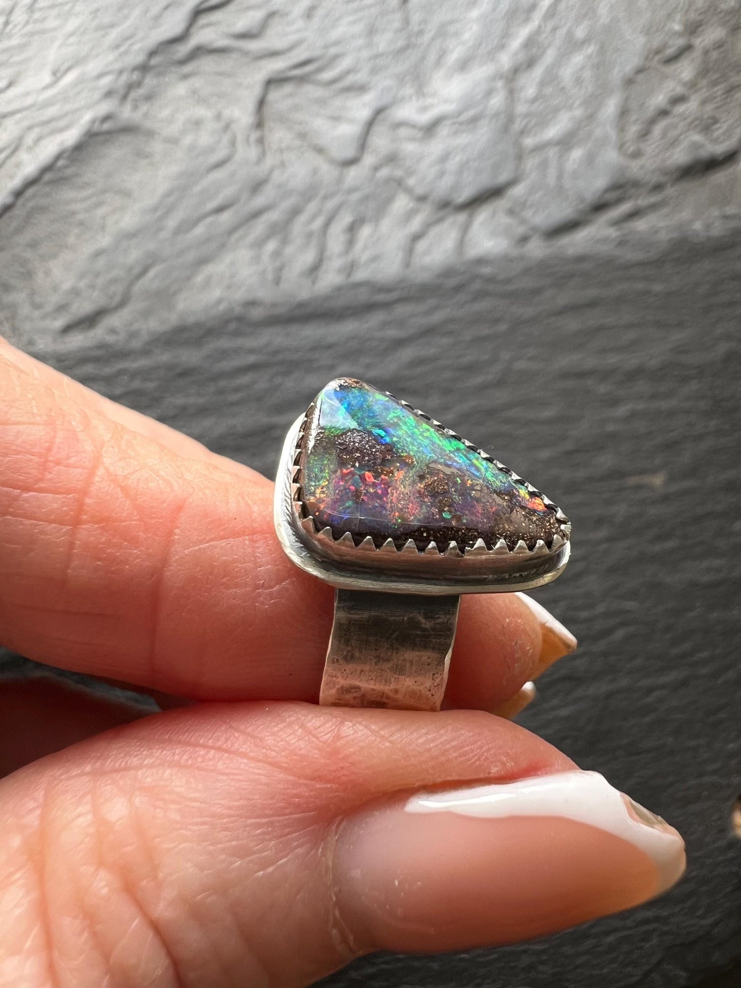 Boulder opal wide band ring in sterling, bezel set gemstone Jewellery, December gift for her