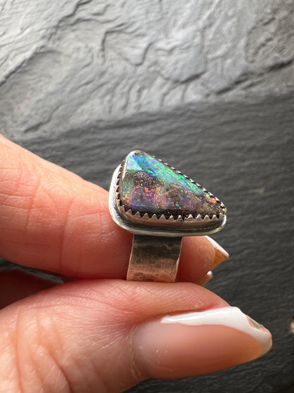 Boulder opal wide band ring in sterling, bezel set gemstone Jewellery, December gift for her