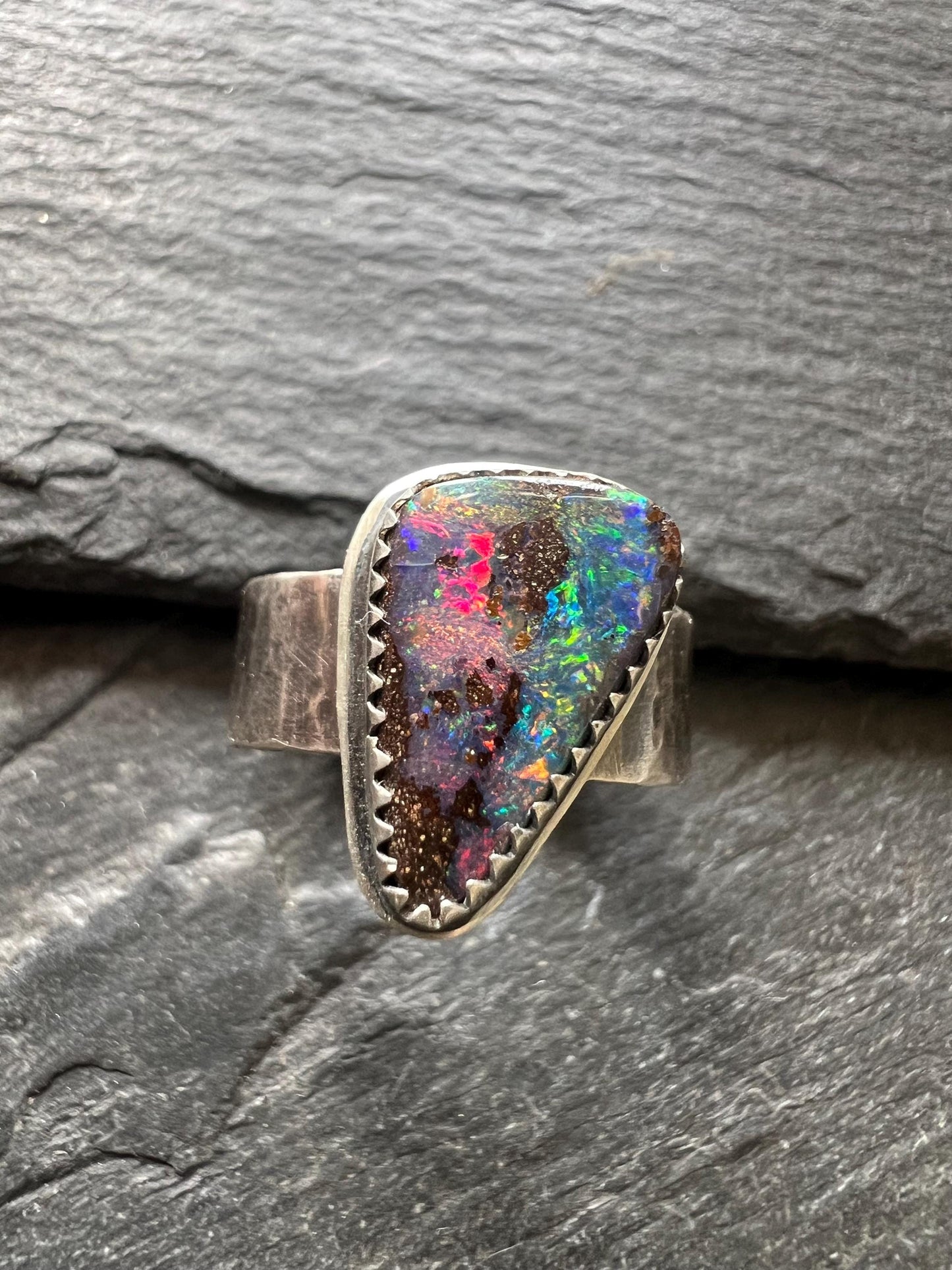 Boulder opal wide band ring in sterling, bezel set gemstone Jewellery, December gift for her