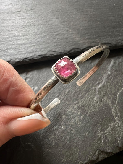 Pink tourmaline sterling cuff bangle bracelet, bezel set charm silver stacking bracket, gift for her