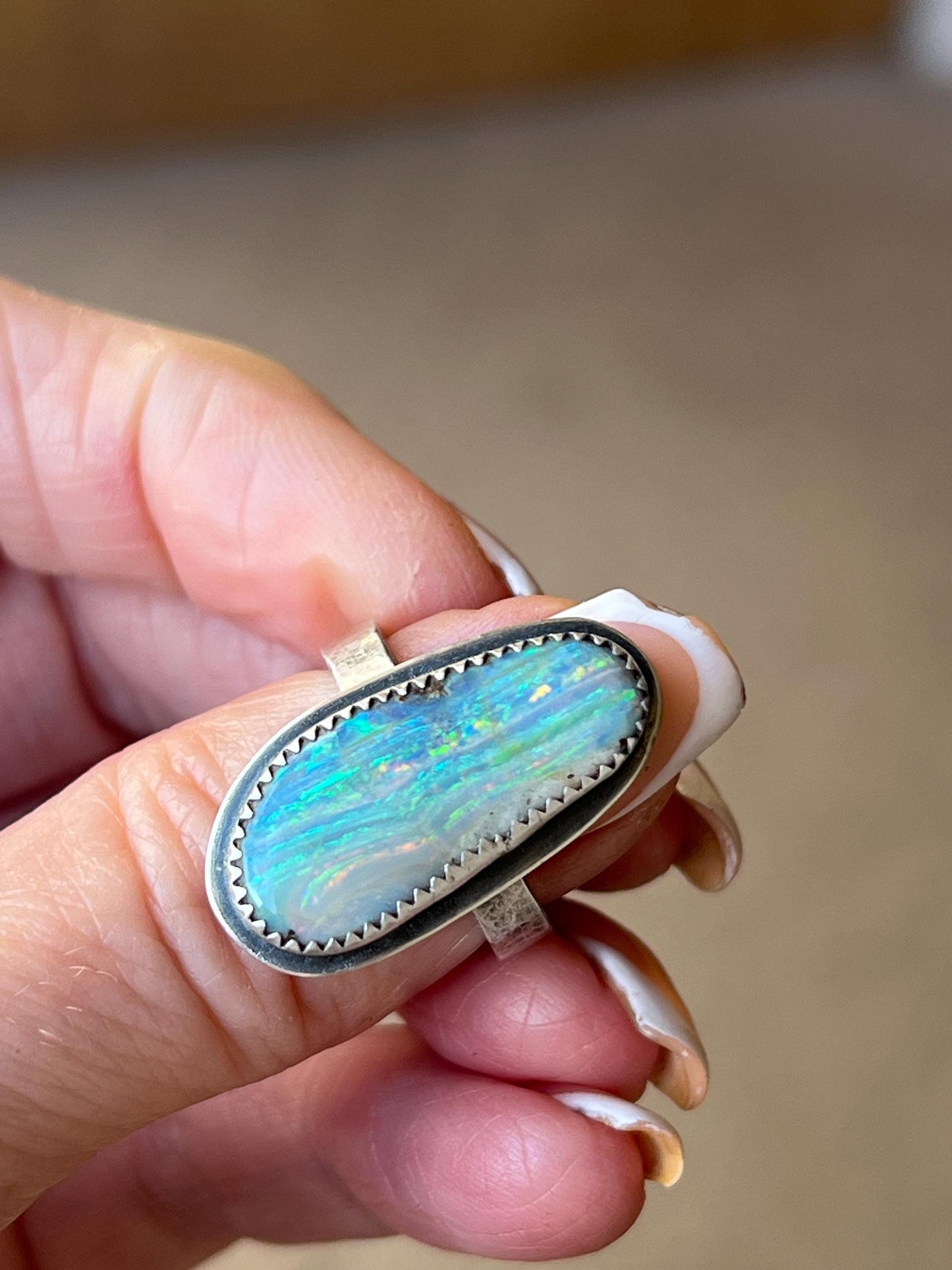 Large Boulder opal, ring size L, colourful gemstone bezel set 925 sterling silver Jewellery, gift for her