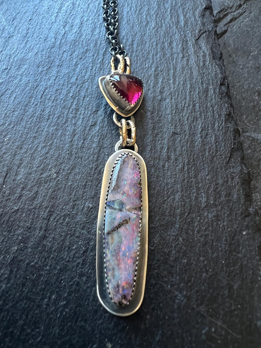 Australian boulder opal and tourmaline necklace, pink colourful opal stone jewellery with sterling silver