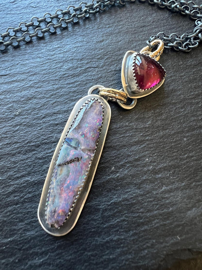 Australian boulder opal and tourmaline necklace, pink colourful opal stone jewellery with sterling silver