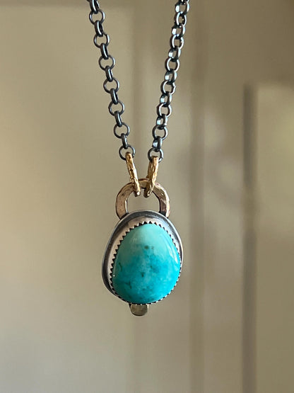 Mixed metal Turquoise necklace bezel set with sterling silver and gold, duck egg blue stone and oxidised jewellery