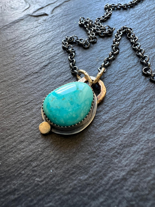 Mixed metal Turquoise necklace bezel set with sterling silver and gold, duck egg blue stone and oxidised jewellery