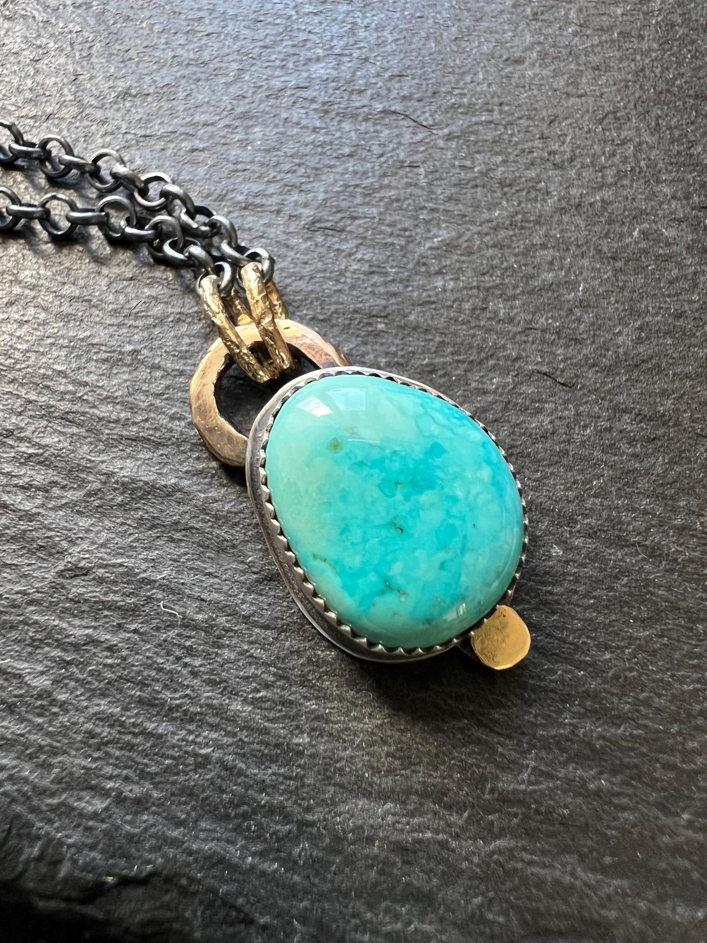 Mixed metal Turquoise necklace bezel set with sterling silver and gold, duck egg blue stone and oxidised jewellery