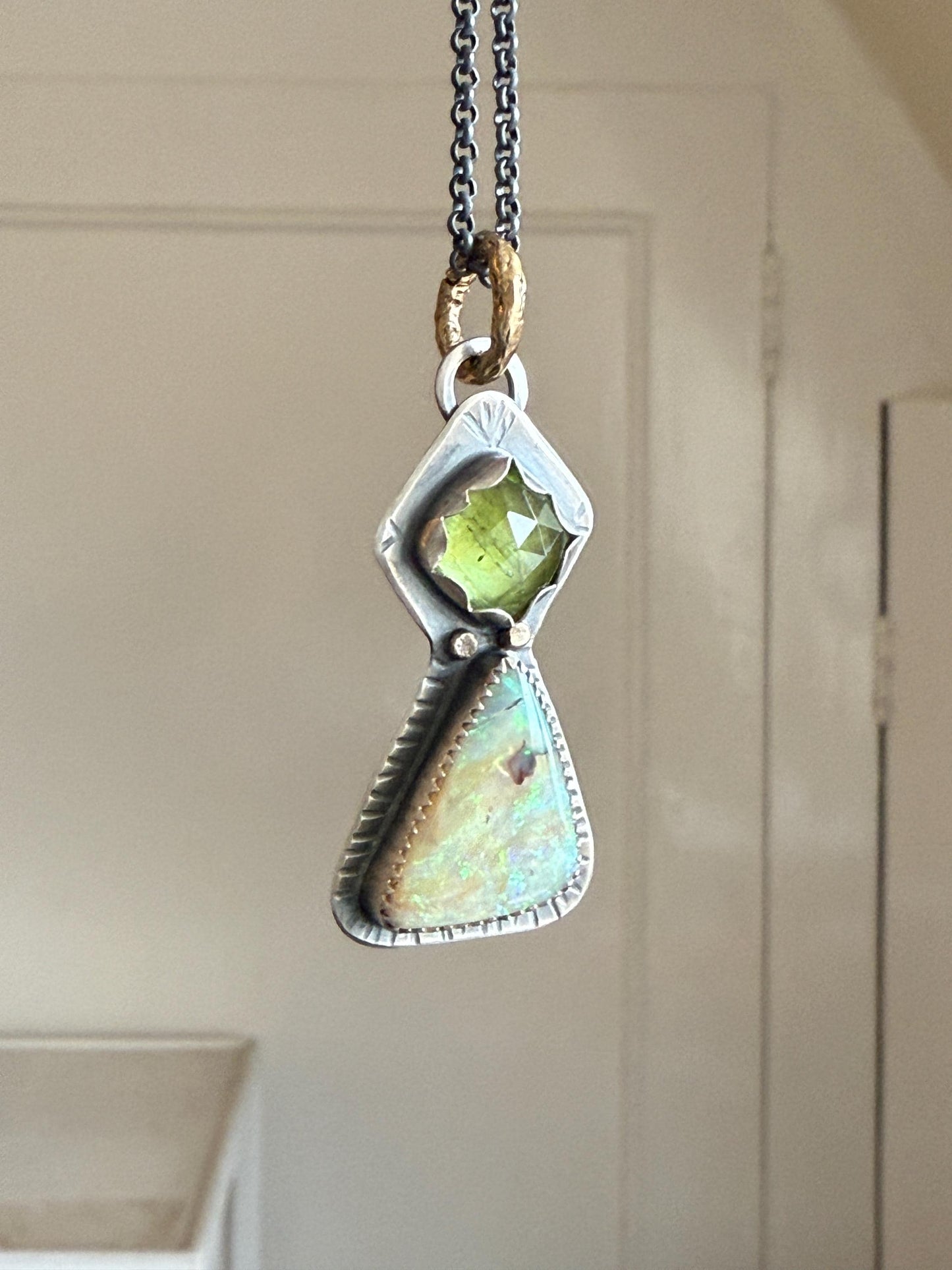 Green tourmaline and Boulder opal necklace, mixed metal jewellery, gold and silver gemstone jewellery