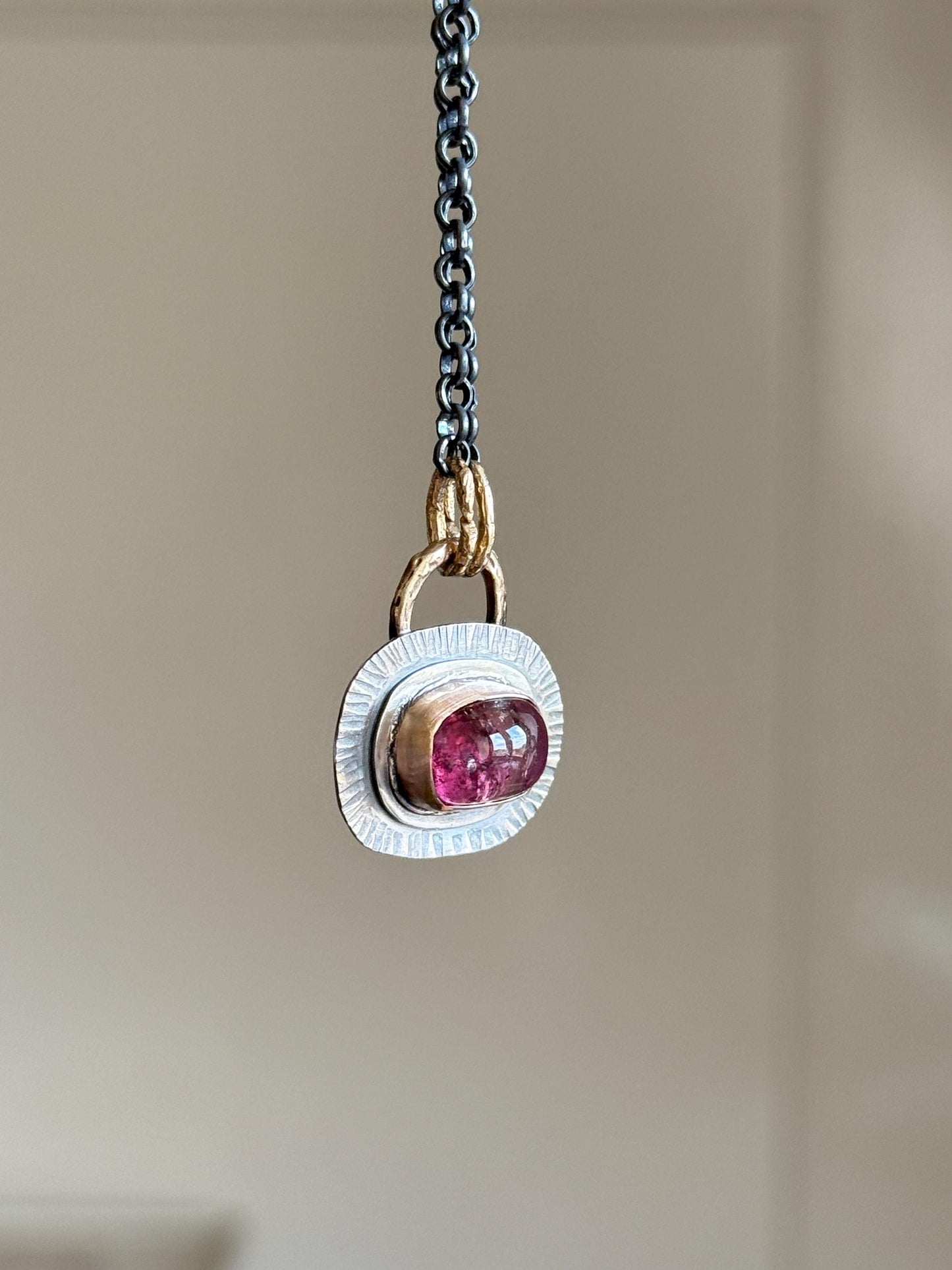 Pink Tourmaline bezel set necklace with mixed metals, October birthstone jewelry, boho layering jewellery