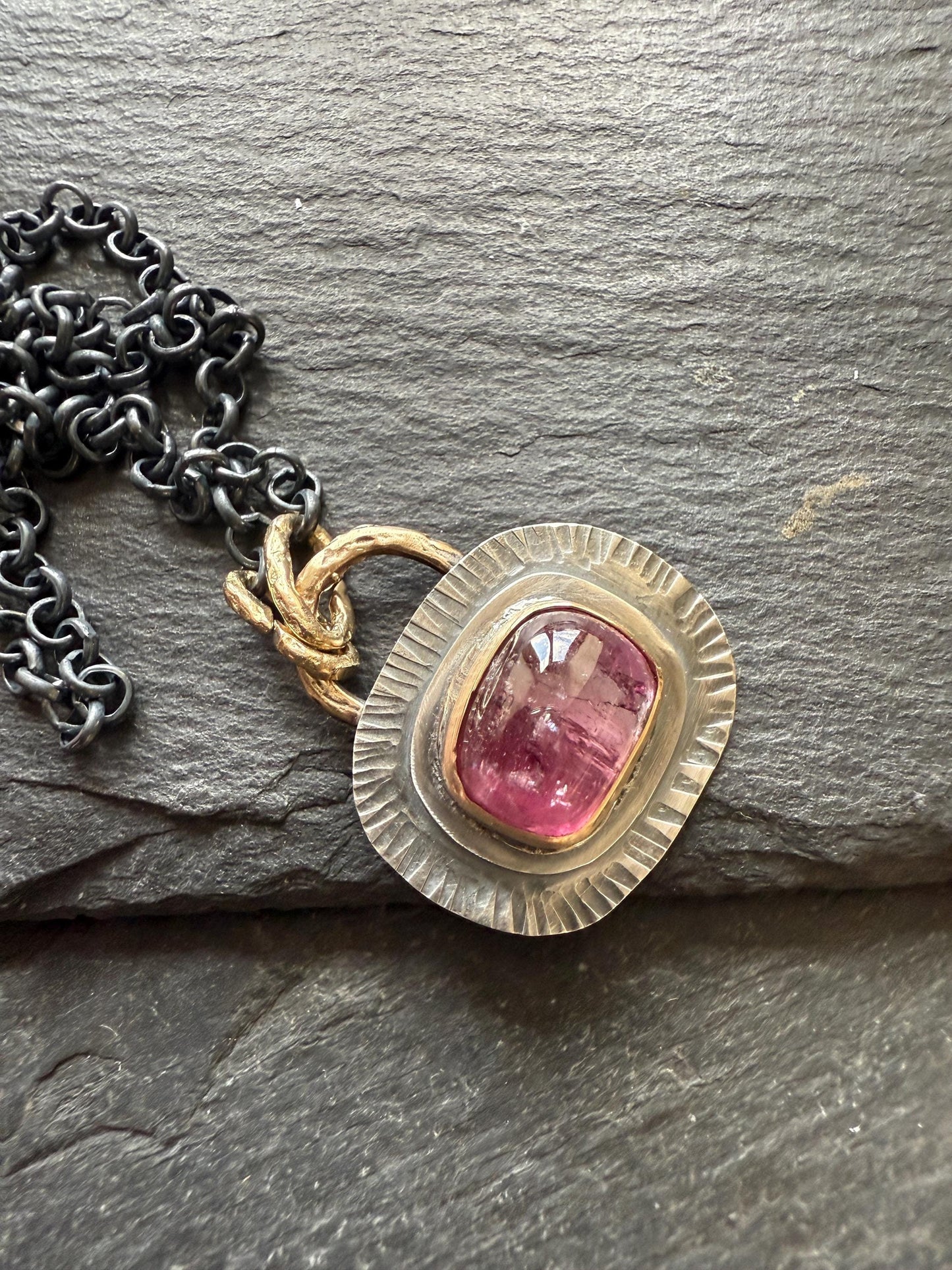 Pink Tourmaline bezel set necklace with mixed metals, October birthstone jewelry, boho layering jewellery