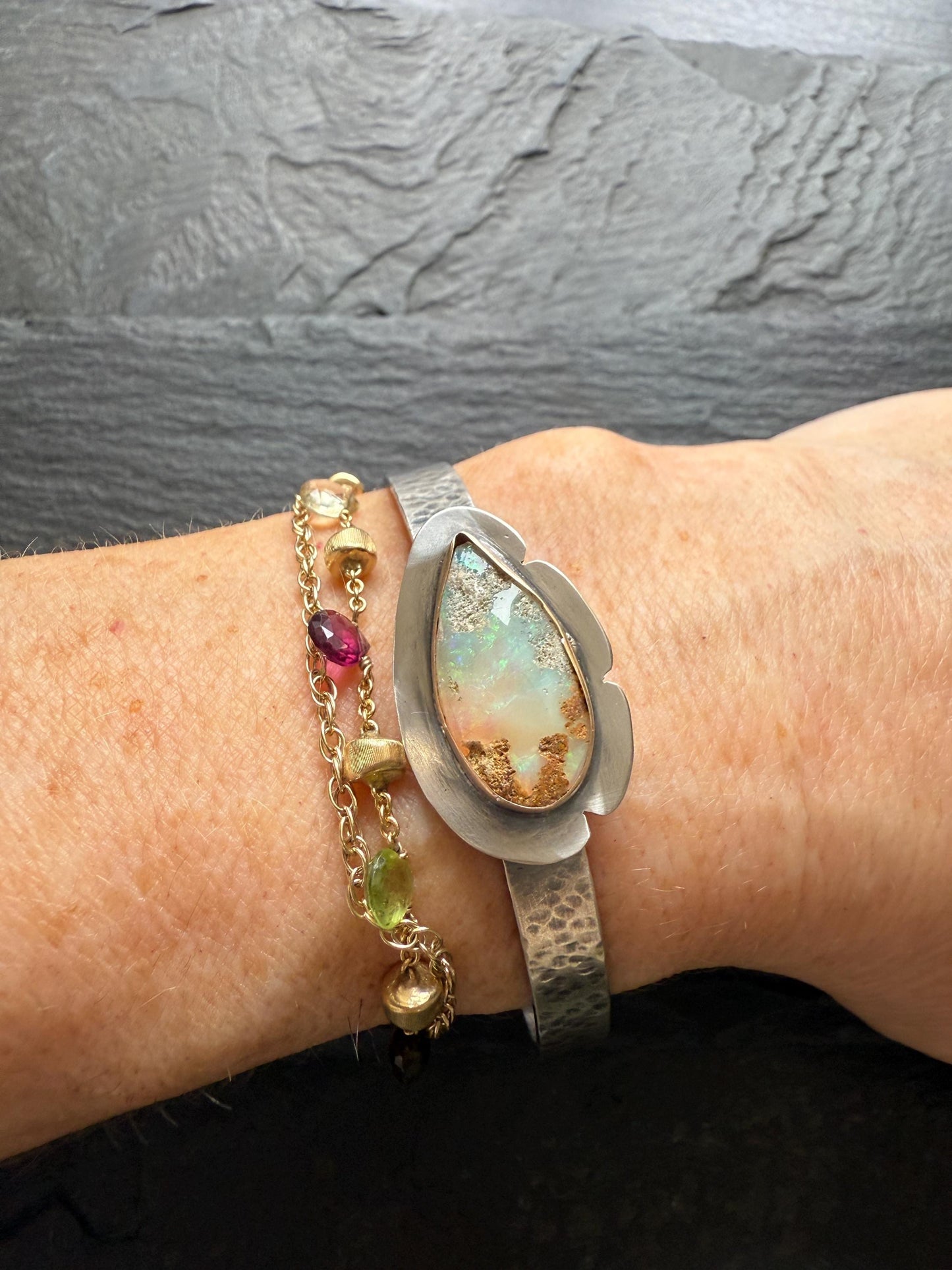 Boulder opal cuff bracelet, gemstone sterling silver boho bracelet, gift for her