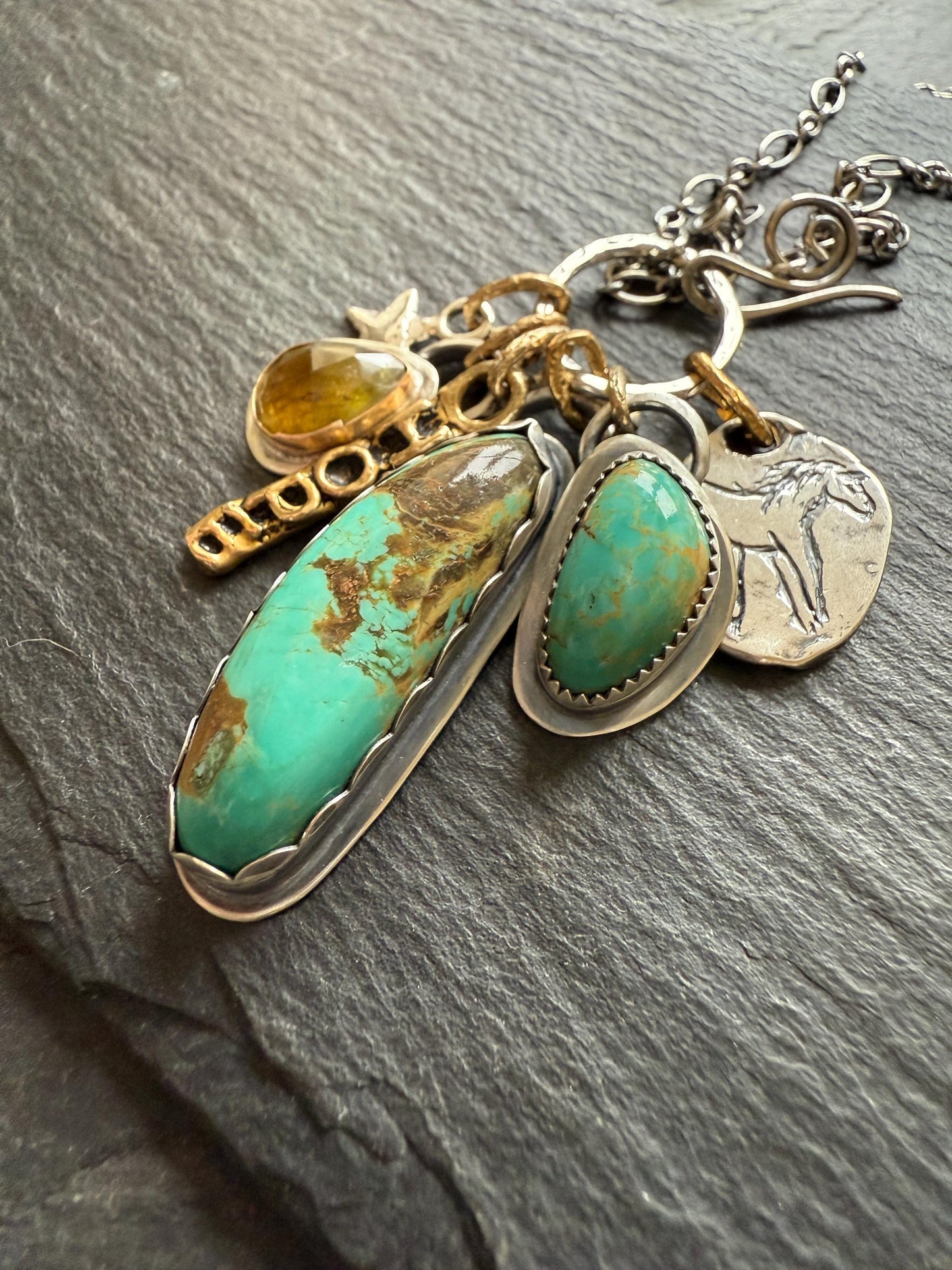 Multi charm necklace, Turquoise and tourmaline jewelry, mixed metal jewellery