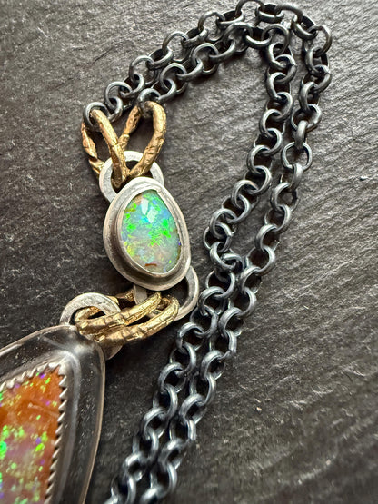 Double boulder opal necklace with gold and silver, bohemian green and blue colourful stone jewellery