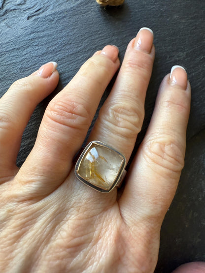 Rutile quartz ring, unique mixed metal jewelry with a hammered textured band, gift for her