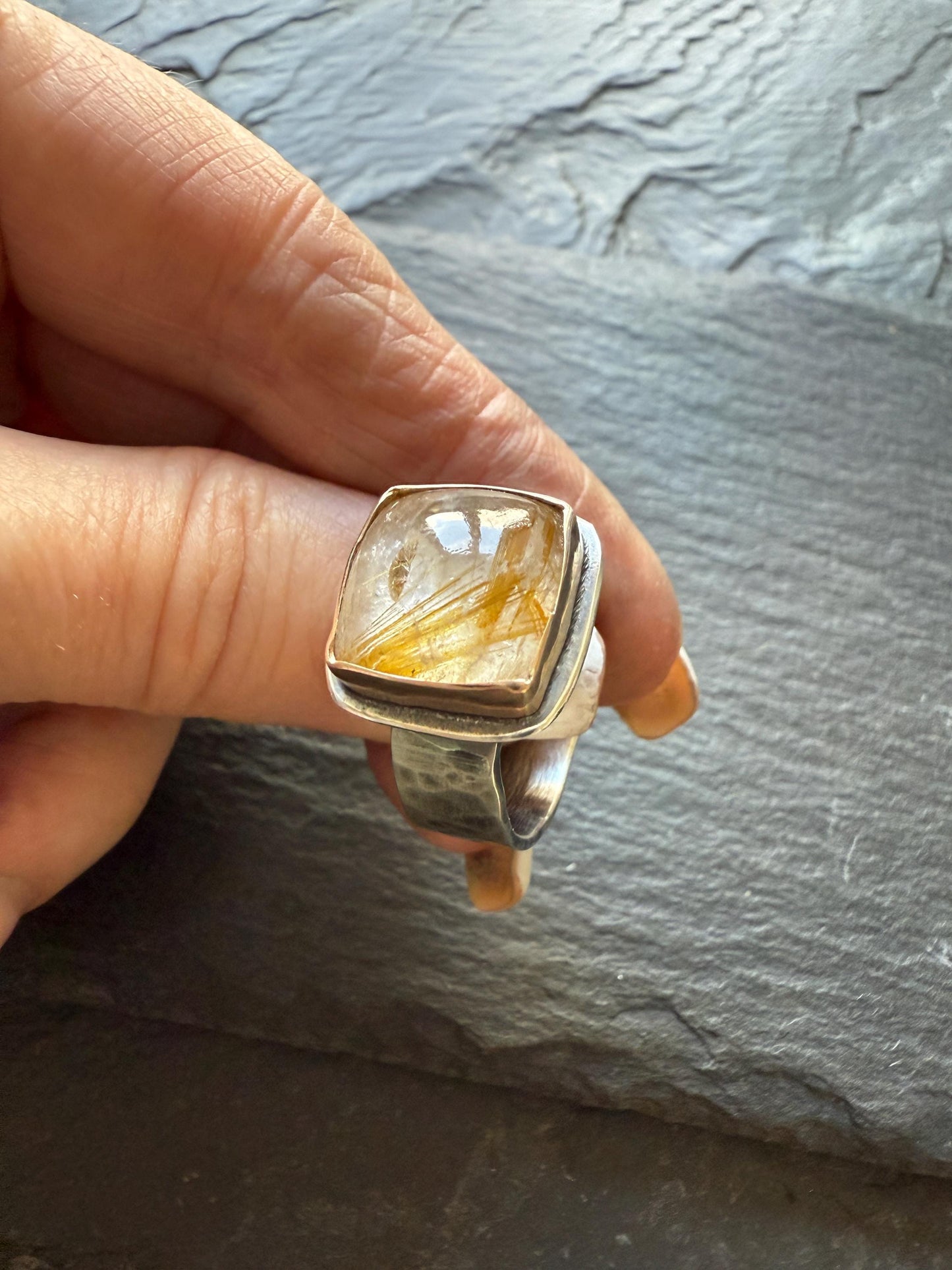 Rutile quartz ring, unique mixed metal jewelry with a hammered textured band, gift for her