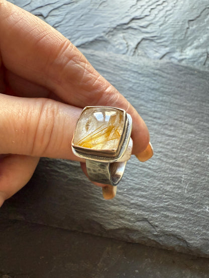 Rutile quartz ring, unique mixed metal jewelry with a hammered textured band, gift for her