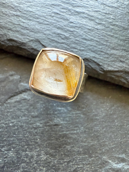 Rutile quartz ring, unique mixed metal jewelry with a hammered textured band, gift for her