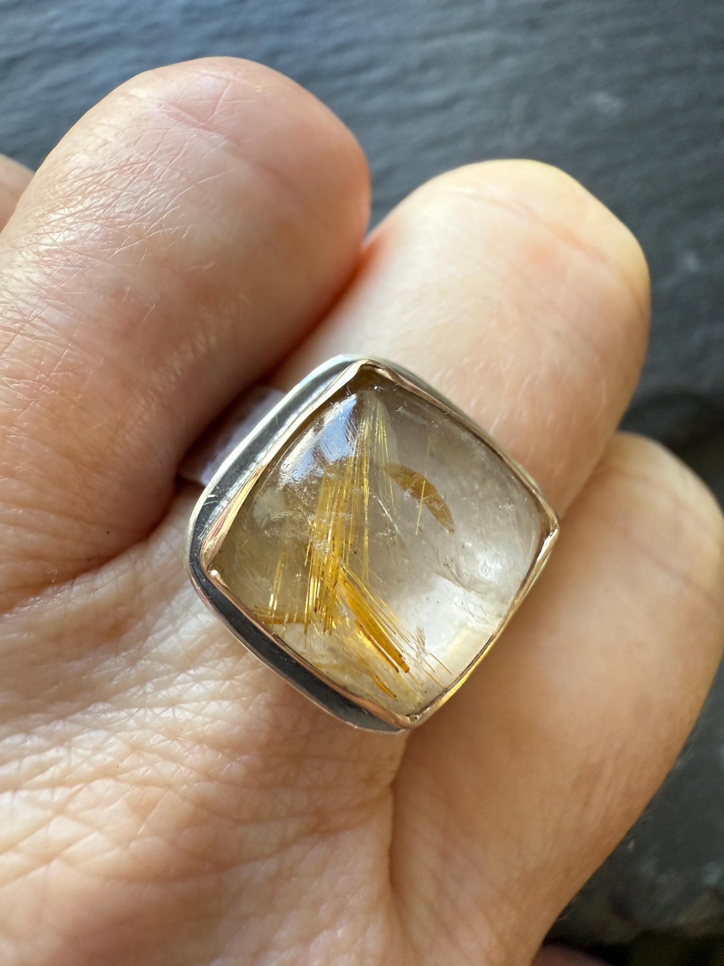 Rutile quartz ring, unique mixed metal jewelry with a hammered textured band, gift for her