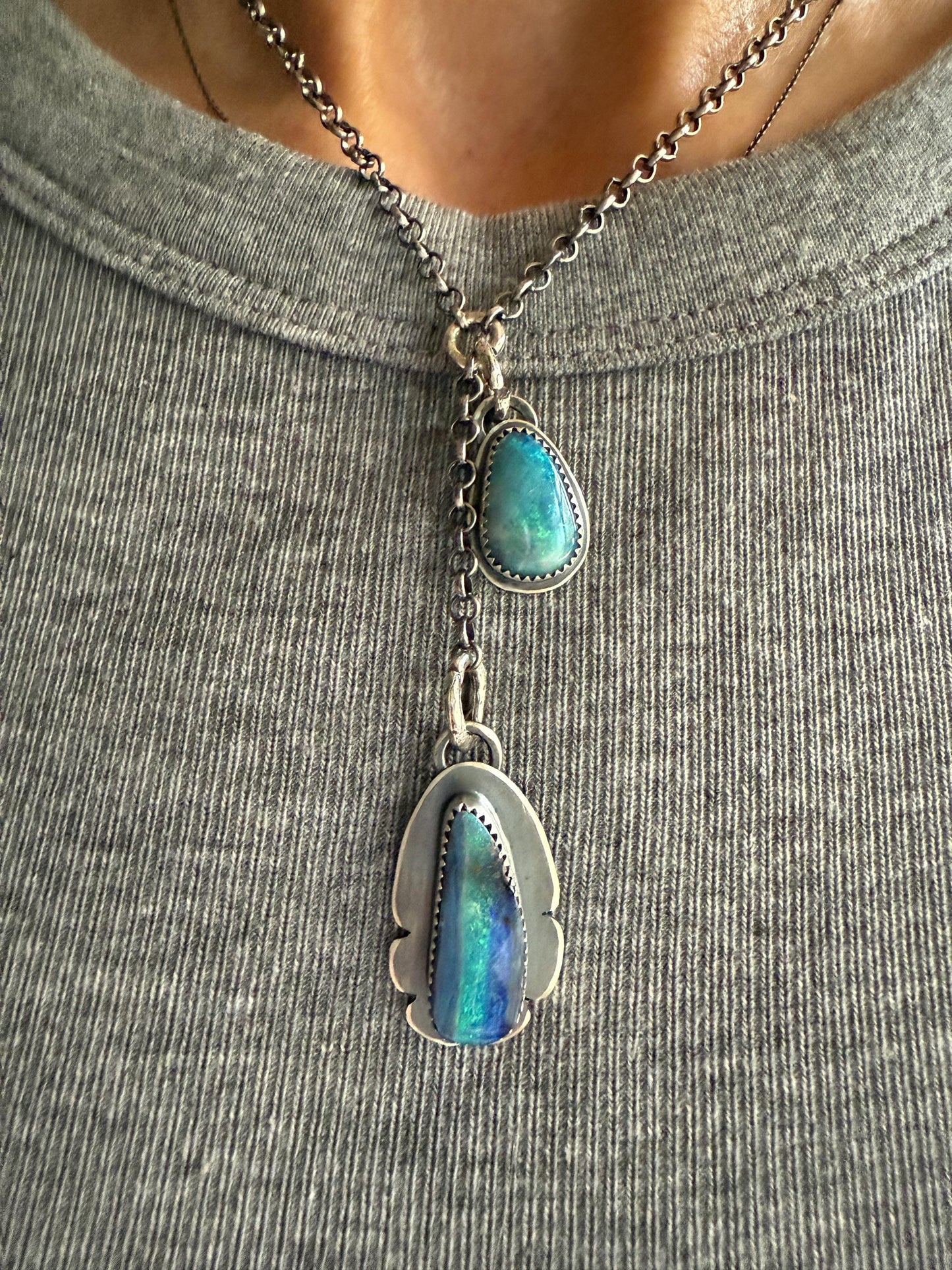 Double boulder opal lariat necklace, seascape blue colourful opal stone necklace