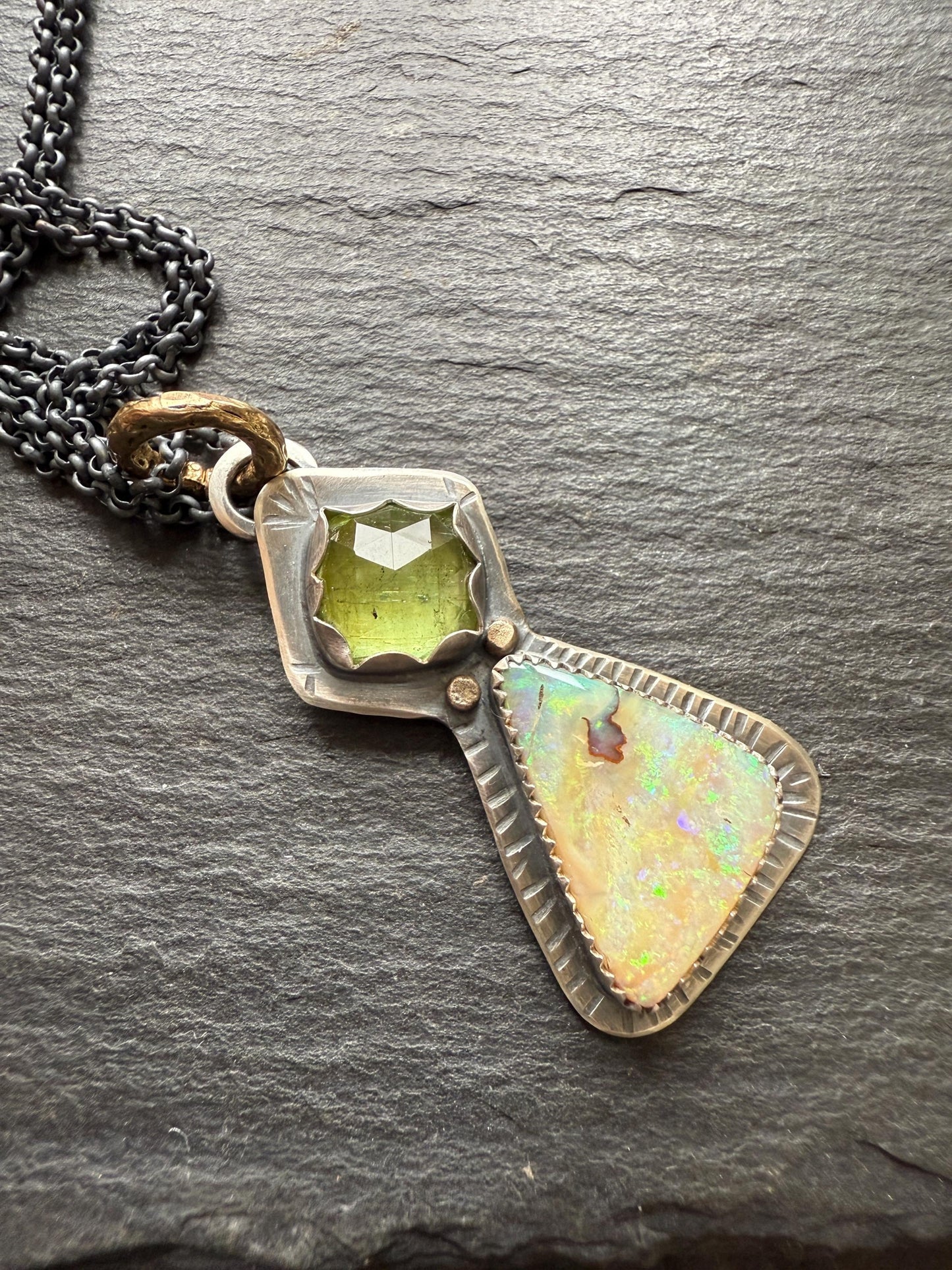 Green tourmaline and Boulder opal necklace, mixed metal jewellery, gold and silver gemstone jewellery