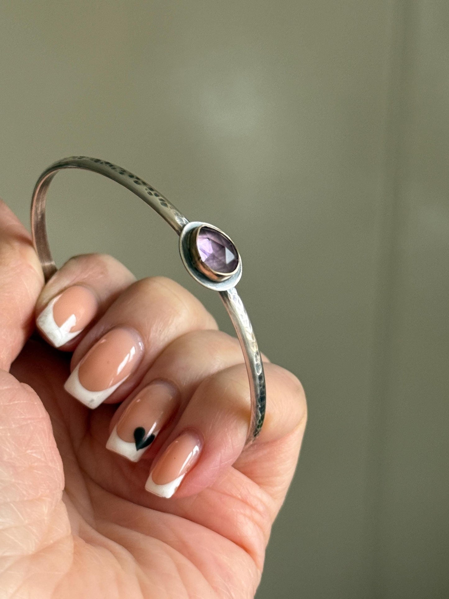 Amethyst sterling cuff bangle bracelet, bezel set charm silver stacking bracket, gift for her