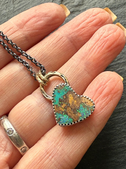 Heart boulder opal necklace, green opal and sterling silver bezel set gemstone jewellery, mixed metal necklace