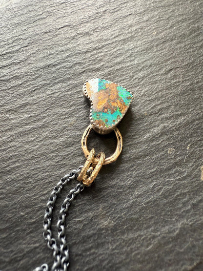 Heart boulder opal necklace, green opal and sterling silver bezel set gemstone jewellery, mixed metal necklace