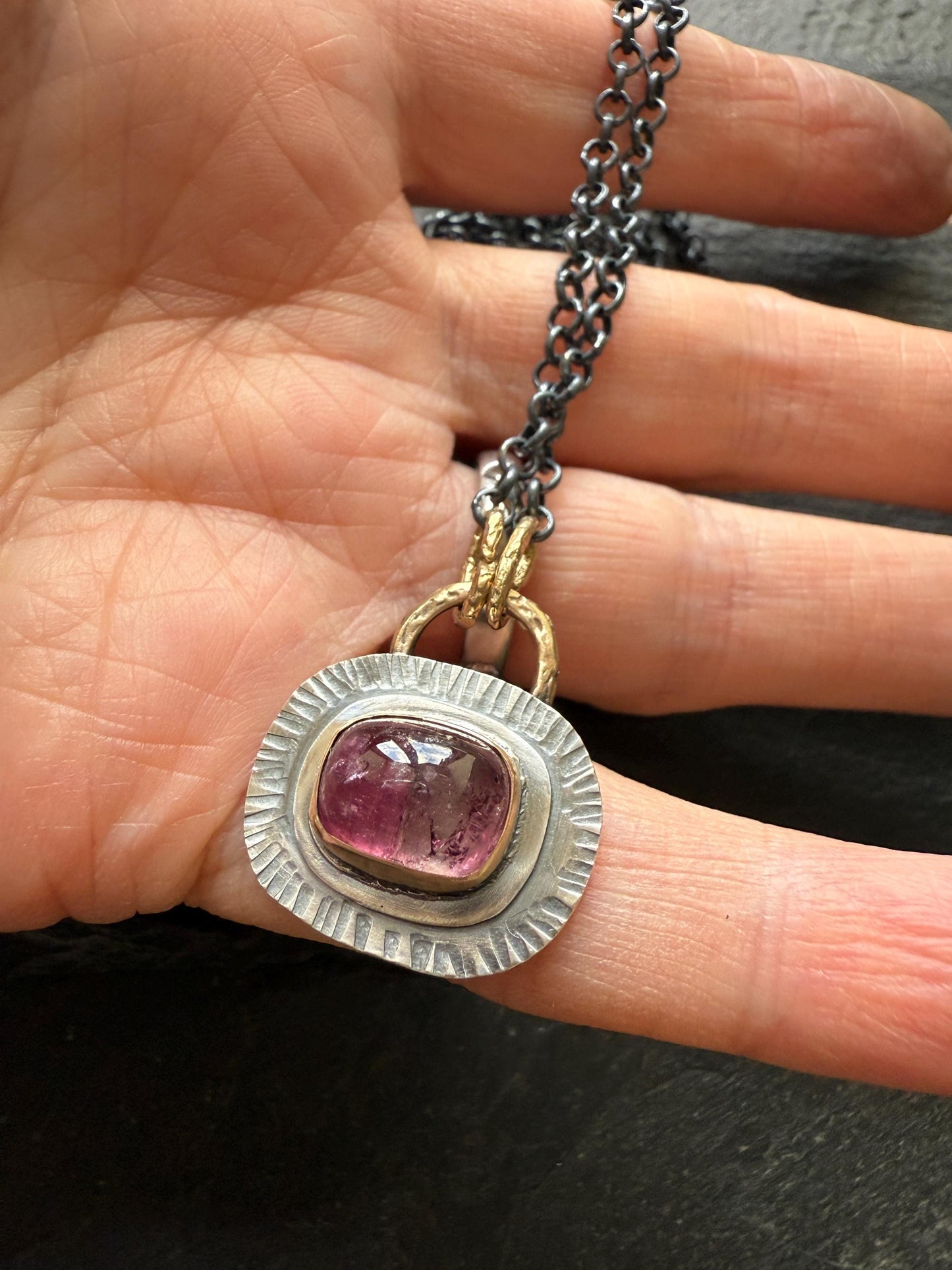 Pink Tourmaline bezel set necklace with mixed metals, October birthstone jewelry, boho layering jewellery