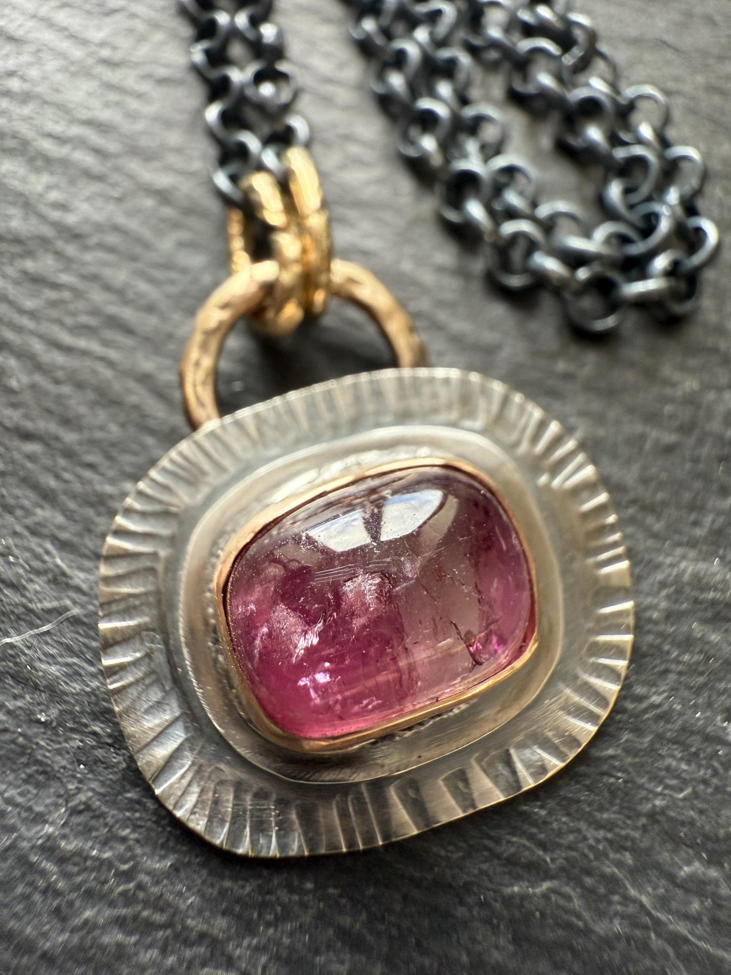 Pink Tourmaline bezel set necklace with mixed metals, October birthstone jewelry, boho layering jewellery