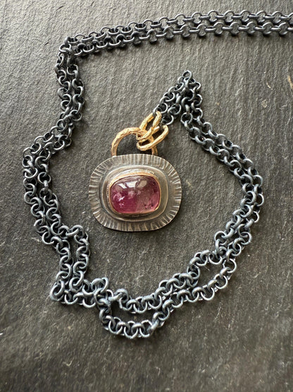 Pink Tourmaline bezel set necklace with mixed metals, October birthstone jewelry, boho layering jewellery