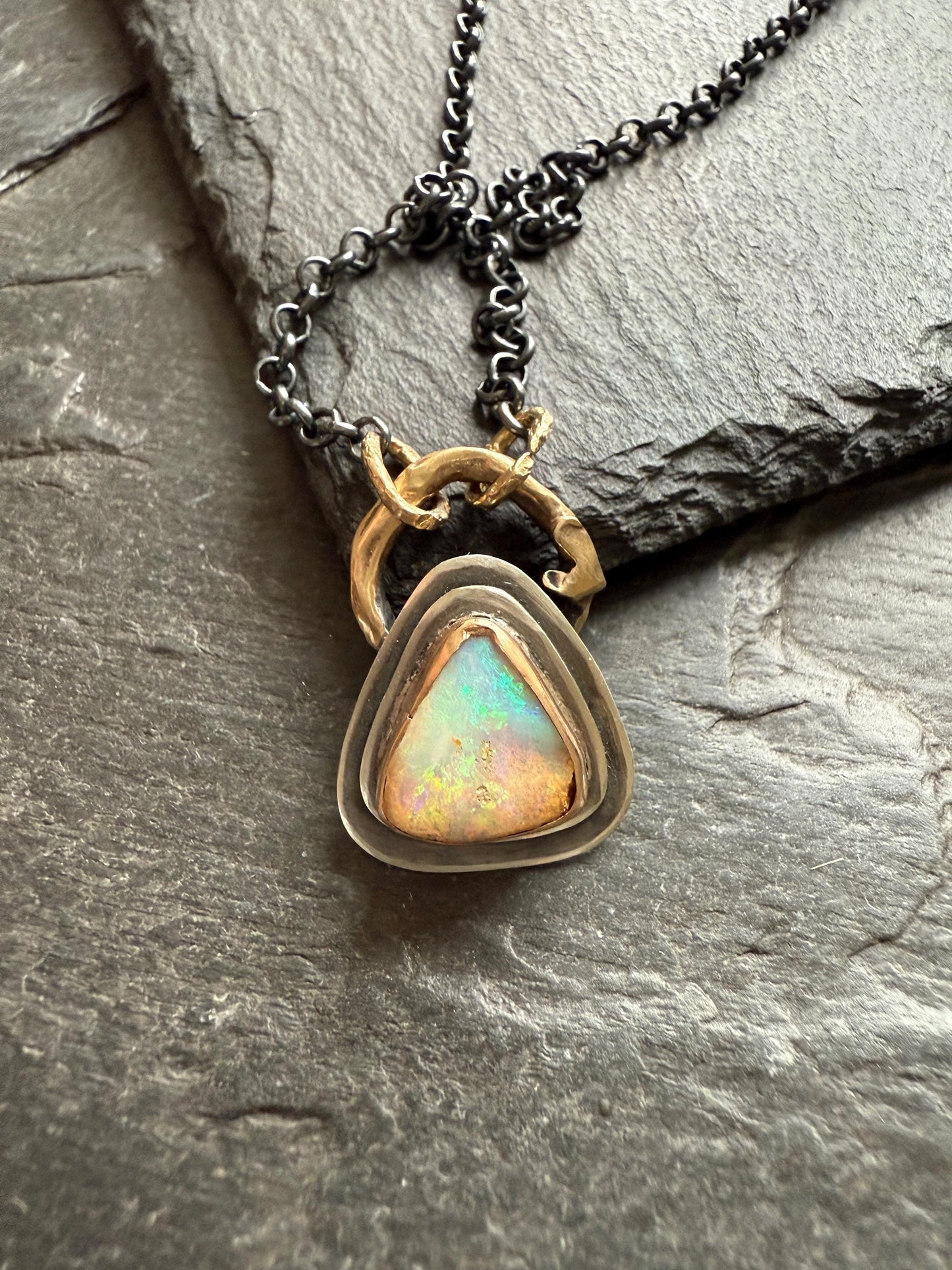 Beautiful Boulder opal necklace, 925 sterling silver bezel set gemstone jewellery, mixed metal necklace