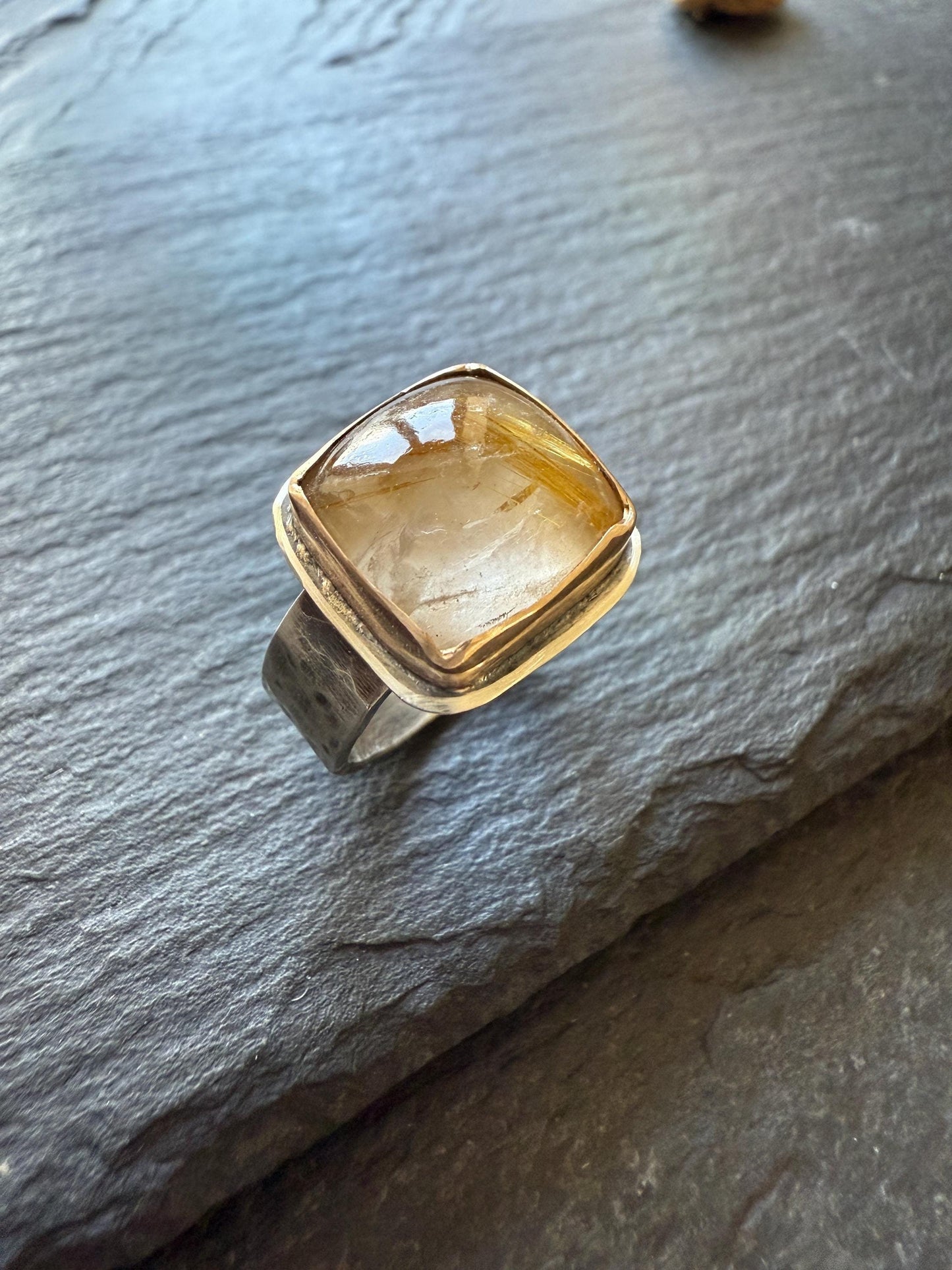 Rutile quartz ring, unique mixed metal jewelry with a hammered textured band, gift for her