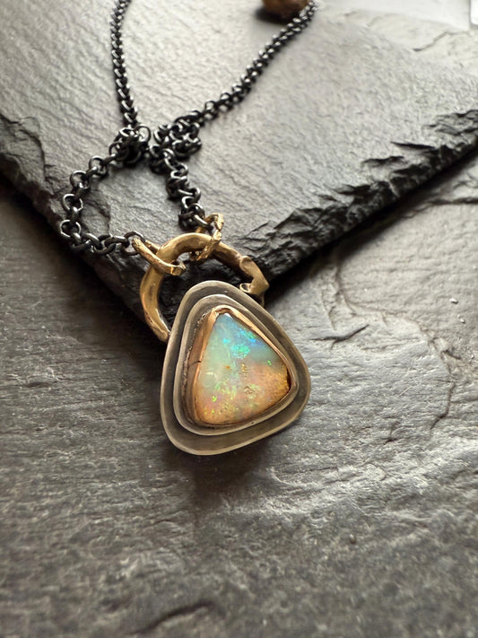 Beautiful Boulder opal necklace, 925 sterling silver bezel set gemstone jewellery, mixed metal necklace